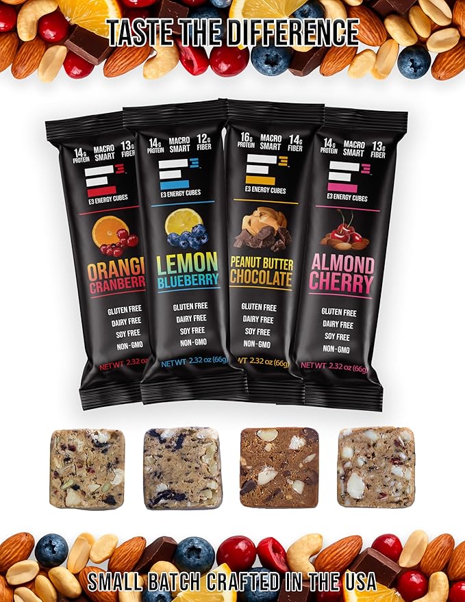 E3 Energy Cubes- Original Variety Pack - 3 of Each Original Flavor- Refrigerated Protein Bars | Healthy Snack Bars Gluten Free Dairy Free Soy Free | Made in USA Pack of 12