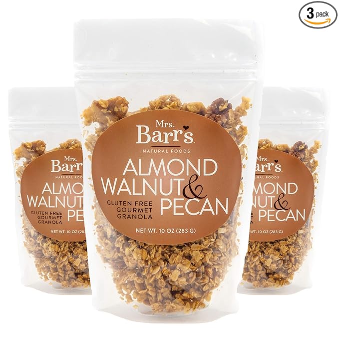 Mrs. Barr’s Natural Foods Granola | Almond Walnut &amp Pecan | Certified Organic Gluten Free Oats | Soft Texture | Small Batch | Gourmet Quality | Real Ingredients | 10 Ounces (3 Pack)