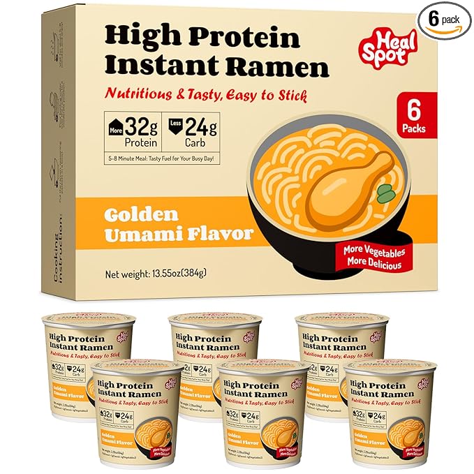 Healspot High Protein Instant Ramen (6 Cups) - 32g Plant-Based Protein Non-Fried Low Carb Low Fat Non-GMO Keto &amp Vegan Friendly (Golden-Chicken)