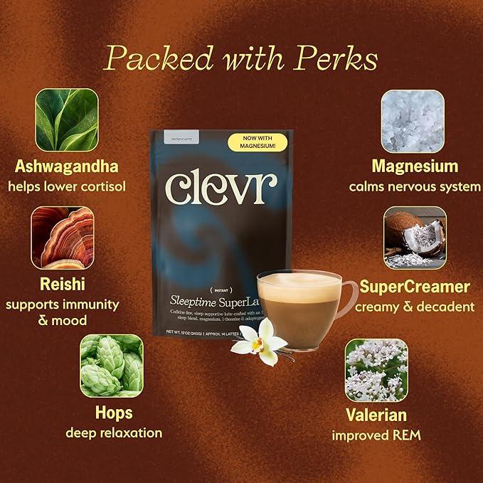 Clevr Sleeptime SuperLatte Magnesium Sleep Drink with Ashwagandha L-Theanine &amp Adaptogens Caffeine-Free Instant Tea &amp Superfood Latte Powder 14 Servings