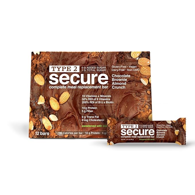 ANDREW LESSMAN Type 2 Secure Complete Meal Replacement Bars (Stevia) – Chocolate Brownie Almond Crunch – 36 ct box – 10g Protein 0g Added Sugar 16 Essential Vitamins &amp Minerals Gluten-Free Veg