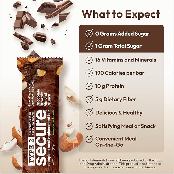 ANDREW LESSMAN Type 2 Secure Complete Meal Replacement Bars (Stevia) – Chocolate Brownie Almond Crunch – 36 ct box – 10g Protein 0g Added Sugar 16 Essential Vitamins &amp Minerals Gluten-Free Veg