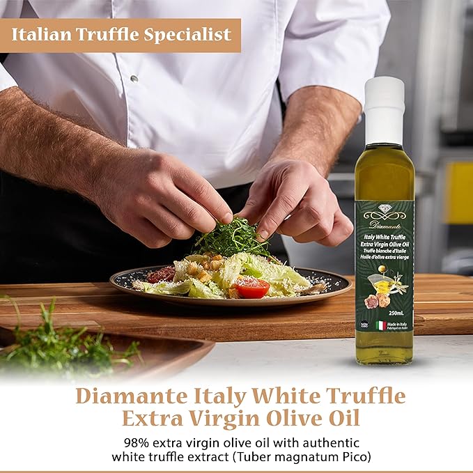 Diamante Italy White Truffle Extra Virgin Olive Oil - White Truffle (Tuber magnatum Pico) Gourmet Oil for Dressing Seasoning Marinade &amp Drizzle - Non GMO &amp Product from Italy - 250ml
