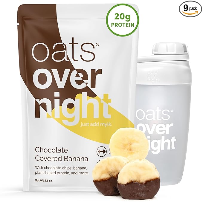 Oats Overnight Chocolate Covered Banana - Overnight Oats with 20g Whey Protein High Fiber Breakfast Protein Shake - Gluten Free Oatmeal Non GMO Protein Oatmeal (2.9 oz per Meal) (8 Pack + Bottle)
