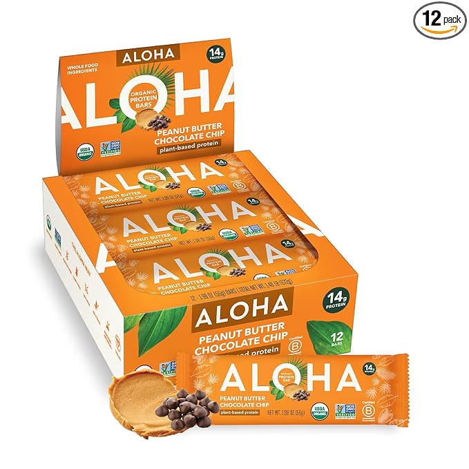 ALOHA Organic Plant Based Protein Bars |Peanut Butter Chocolate Chip | 1.98 Oz (Pack of 12) | Vegan Low Sugar Gluten Free Paleo Low Carb Non-GMO Stevia Free Soy Free No Sugar Alcohols