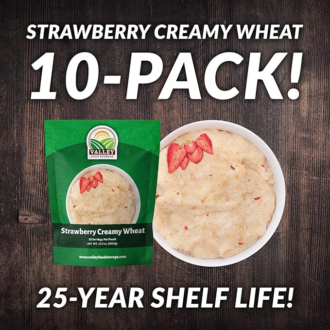 Valley Food Storage Freeze Dried Strawberry Creamy Wheat | 10-Bag Bucket 100 Servings | Premium Emergency Food Supply 25 Year Shelf Life | Survival Breakfast Food for Prepper Storage &amp Camping