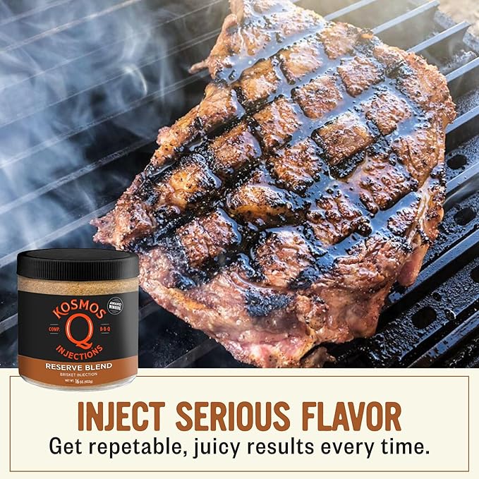 Kosmos Q Reserve Blend Brisket Injection Premium Beef BBQ Marinade for Tender &amp Juicy Brisket Phosphate-Enhanced for Moisture Retention Competition-Grade Seasoning Gluten Free 16 Oz Jar