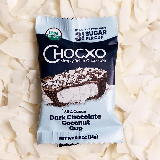 Chocxo Dark Chocolate Coconut Cups - Low in Sugar Organic 85% Cacao Non-GMO Keto Certified Gluten Free &amp Kosher. No Artificial Sweeteners or Sugar Alcohols 3.45 oz (Pack of 6)
