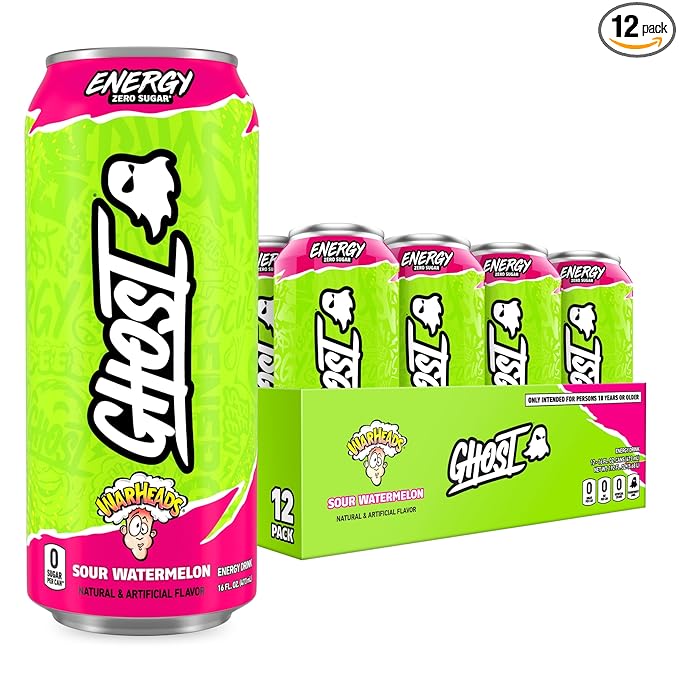 GHOST Energy Drink - 12-Pack Warheads Sour Watermelon 16oz - Energy &amp Focus &amp No Artificial Colors - 200mg of Natural Caffeine L-Carnitine &amp Taurine - Gluten-Free &amp Vegan