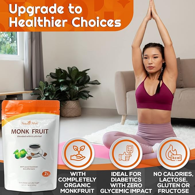 Monk Fruit Zero Calorie Sweetener (2x Sugar Sweet Original) 16 oz - Granular Powder Blended with Erythritol - Sweet Natural Alternative to Xylitol and Stevia - Sugar Replacement for Keto Paleo Low