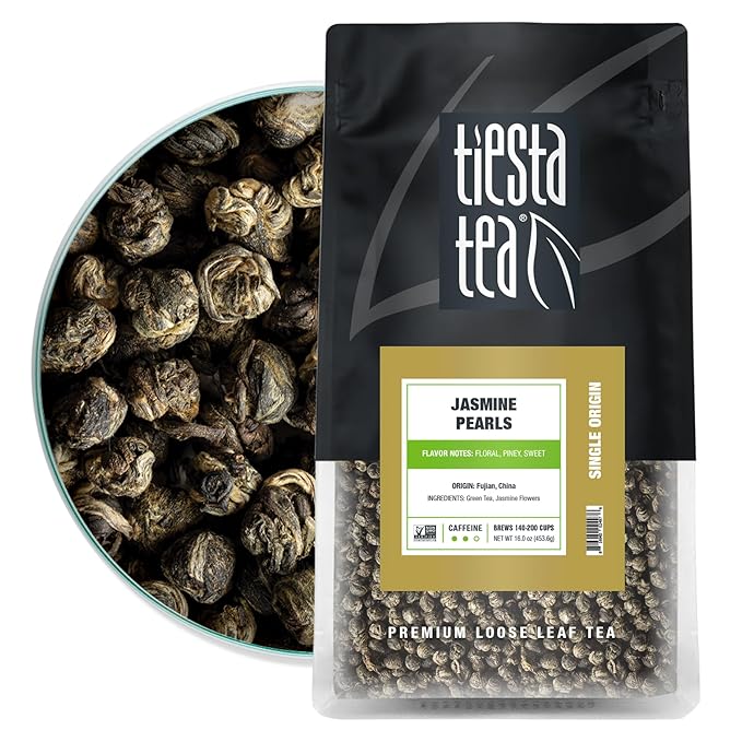 Tiesta Tea - Jasmine Pearls Green Tea Loose Leaf Single Origin Premium Jasmine from China Pure Unblended Medium-Caffeinated Blend Makes Hot or Iced &amp Up to 200 Cups 16oz Resealable Bulk Pouch