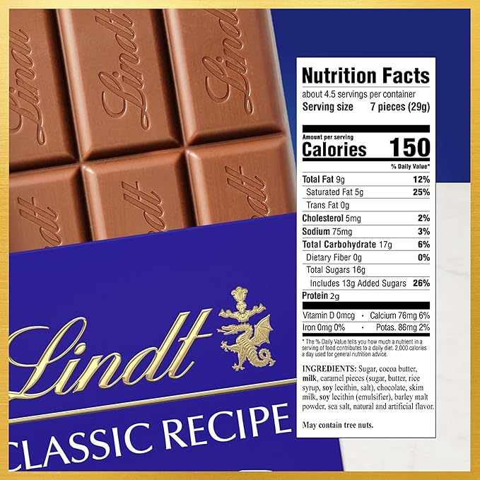 Lindt CLASSIC RECIPE Caramel with Sea Salt Milk Chocolate Bar Milk Chocolate Candy with Pieces of Caramel and Sea Salt 4.4 oz. (12 Pack)