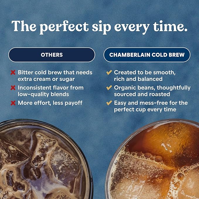 Chamberlain Coffee Organic Cold Brew Large Coffee Bags Medium Roast - Premeasured Ready to Brew - Makes 4 Cups per Bag - Perfect for Iced Coffee Convenient and Easy Brewing Experience - 8.5 oz