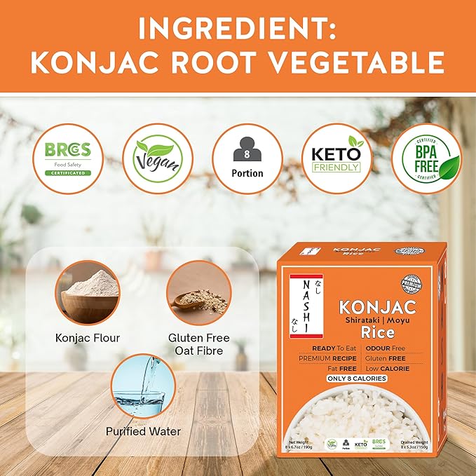 Nashi Shirataki Konjac Moyu Rice - Low Fat Glucomannan Premium Recipe Keto friendly Suitable for Vegan Odour Free low calorie food | Ready to Eat (8×190g)