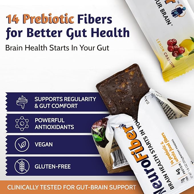 NeuroFiber Prebiotic Fiber Bars – Gut Health Constipation Relief &amp Brain Function Support – Plant-Based Gluten Free Vegan (8 Bars Mix Box Lemon/Choco)