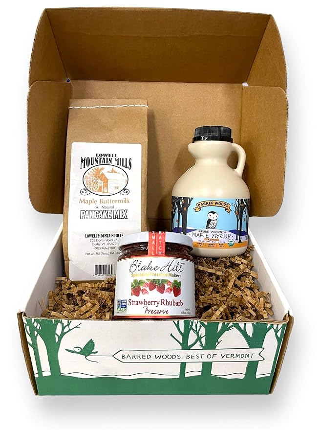 Taste of Vermont Gift Box with Maple Syrup Pancake Mix and Jar of Blake Hill Strawberry Rhubarb Jam
