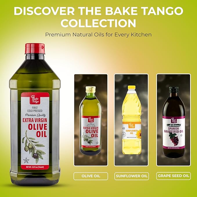 Bake and Tango 32 fl oz Extra Virgin Olive Oil - 100% Pure Cold-Pressed Certified Kosher Premium Quality for Cooking Baking and Salad Dressings