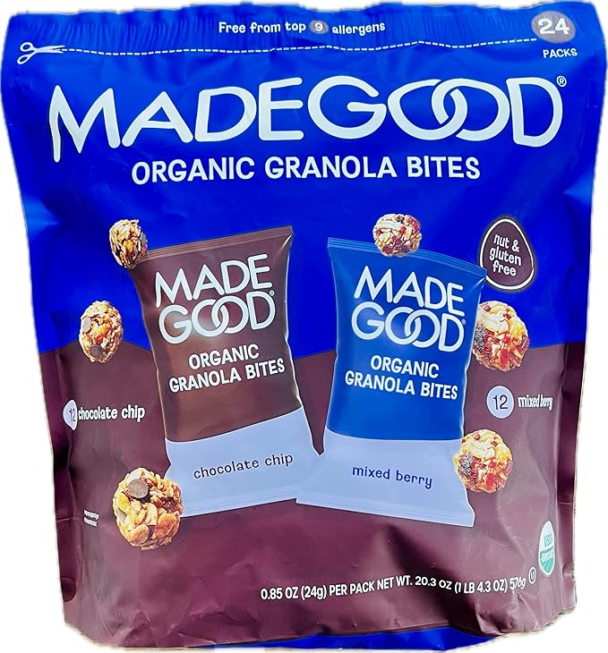 Organic Granola Bites Variety Pack (Chocolate Chip &amp Mixed Berry) 24 Count Nut-Free Gluten-Free USDA Organic School Safe Snacks