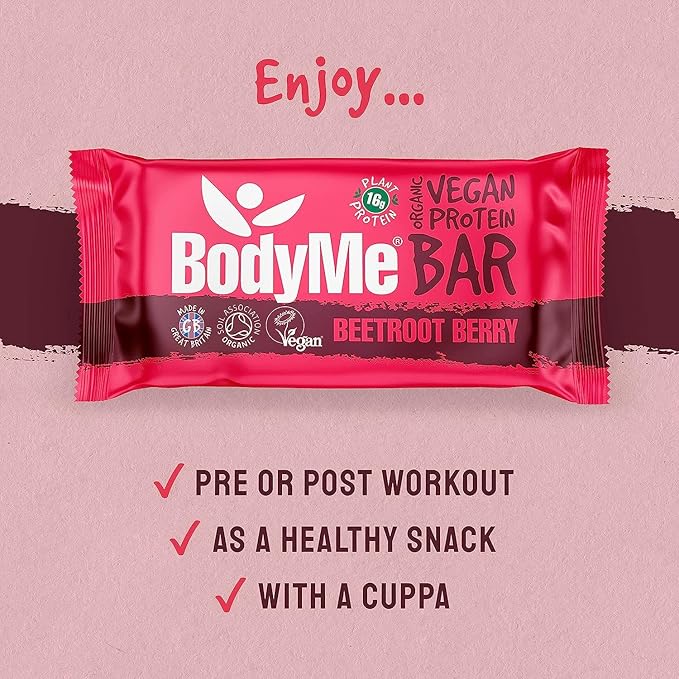 BodyMe Organic Vegan Protein Bar | Raw Beetroot Berry | Box of 12 x 2.12oz (60g) | with 3 Plant Proteins