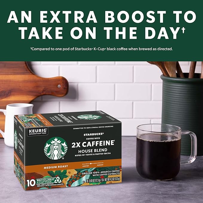 Starbucks K-Cup Coffee Pods Medium Roast Coffee With 2X Caffeine House Blend For Keurig Coffee Makers 100% Arabica 6 Boxes (60 Pods Total)