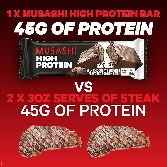 MUSASHI High Protein Bar 45g Protein 2g Total Sugars Milk Chocolate Brownie Post Workout and Protein Snack On The Go 12 Pack of 3.2oz (90g) Bars