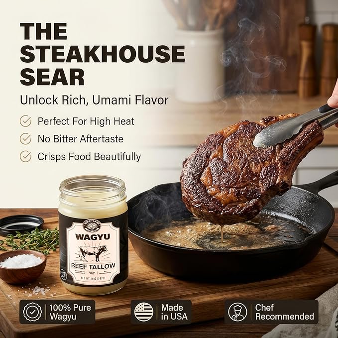 100% Pure Wagyu Beef Tallow for Cooking – Excellent for Searing Steaks - Keto and Paleo Diet Friendly – Perfect for Whole 30 – Carnivore Diet – Gluten Free Protein Snacks for Adults - 14 Ounces