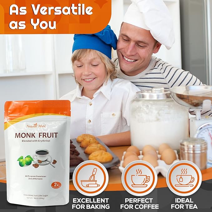 Monk Fruit Zero Calorie Sweetener (2x Sugar Sweet Original) 16 oz - Granular Powder Blended with Erythritol - Sweet Natural Alternative to Xylitol and Stevia - Sugar Replacement for Keto Paleo Low