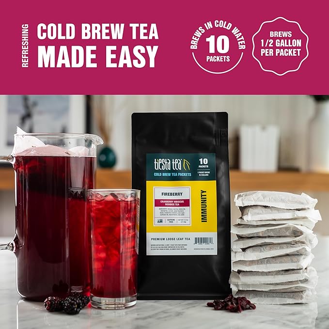 Tiesta Tea - Fireberry Cold Brew Loose Leaf Cranberry Hibiscus Rooibos Tea Premium Non-Caffeinated Blend Cold Brew Packets Makes 64 oz Per Bag (Pack of 10)