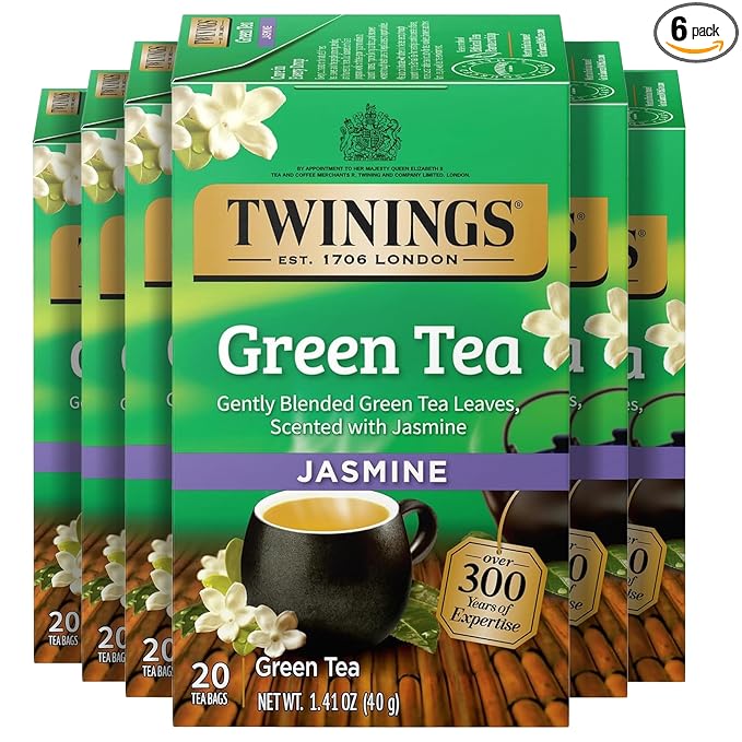 Twinings Green Tea with Jasmine Individually Wrapped Bags 20 Count (Pack of 6) Fragrant Floral Scent Caffeinated Enjoy Hot or Iced 120 Teabags