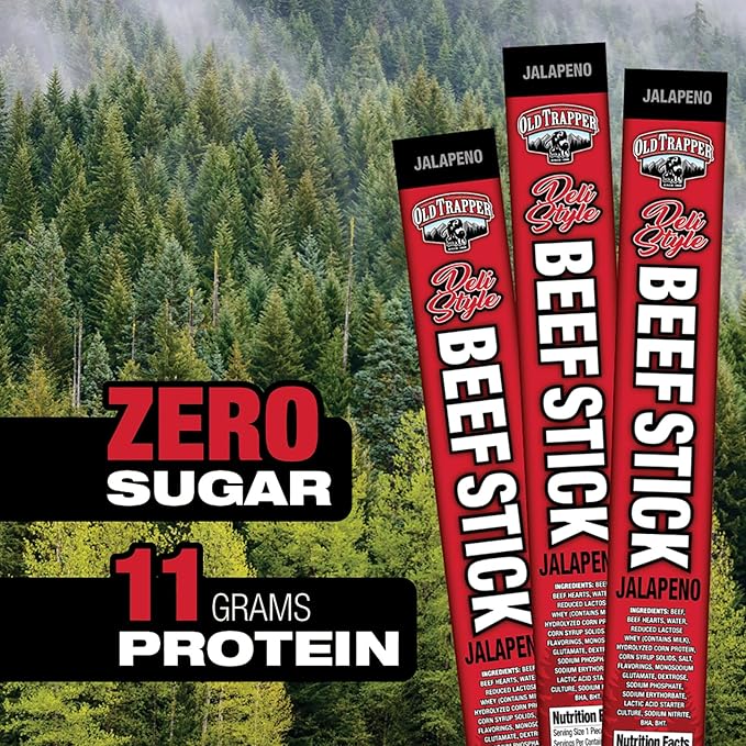 Old Trapper Deli-Style Sausage Sticks Jalapeño Flavor 1.75-Ounce Individually Wrapped Packages 11 Grams of Protein and Zero Grams of Sugar per Serving (Pack of 26)