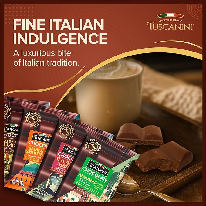 Tuscanini Dark Chocolate Variety Pack – 4 Flavors 3.5oz Bars | Imported from Italy | Vegan Gluten Free Dairy Free | Dark &amp Smooth Almond Cacao Nibs 76% Extra Dark | Gourmet European Chocolat