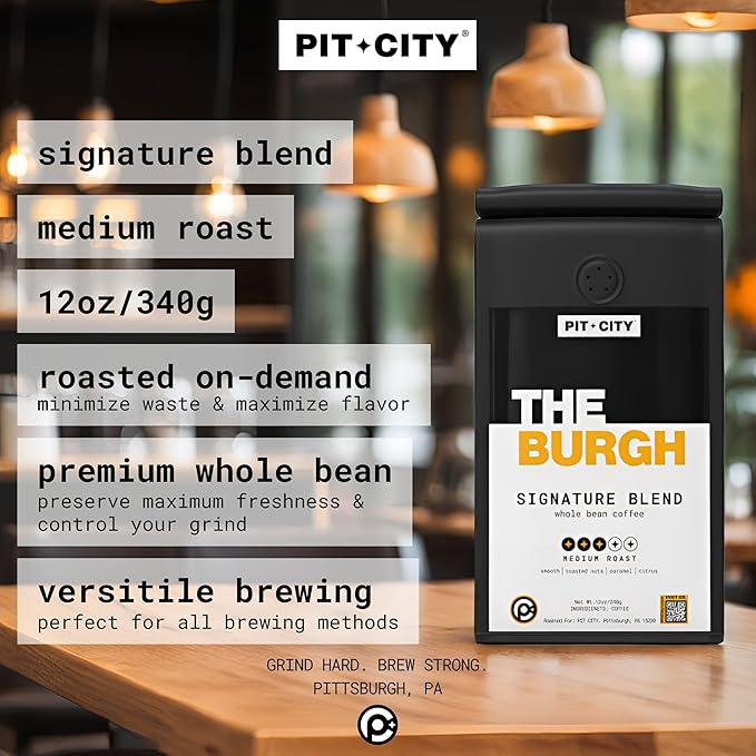 Pit City The Burgh Signature Blend Medium Roast Whole Bean Coffee 12oz Bag - Smooth Toasted Nuts Caramel and Citrus Notes - Premium Small Batch Roasted - Pittsburgh