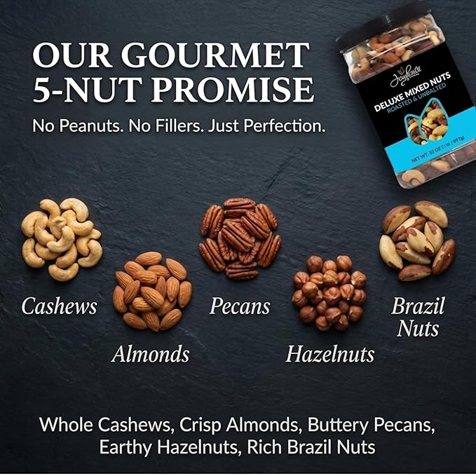 Jaybee’s Unsalted Mixed Nuts | 32 oz | Gourmet Roasted Deluxe Nut Mix with Cashews Almonds Pecans Hazelnuts Brazil Nuts (No Peanuts) | Keto Vegan Friendly Kosher Healthy Snacks