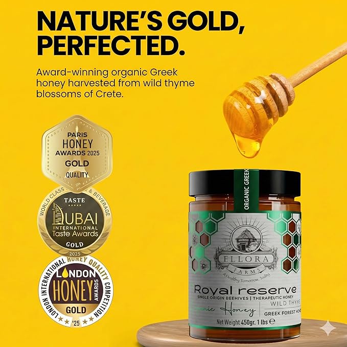 Ellora Farms Organic Honey Wild Thyme Raw Honey Greek Unfiltered Preservative and Additive Free Paris and Dubai Gold Awards Winner Gift Pack with Dipper - 450 g