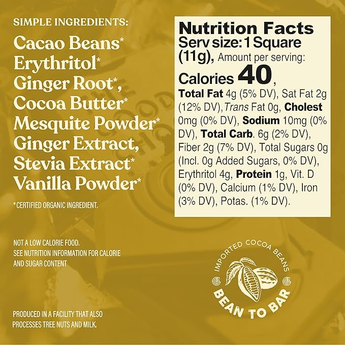 The Good Chocolate - Ginger Chocolate Squares Zero Sugar Lower Net Carb Snack Lower Calorie Vegan Chocolate Candy 24 Square Family Pack
