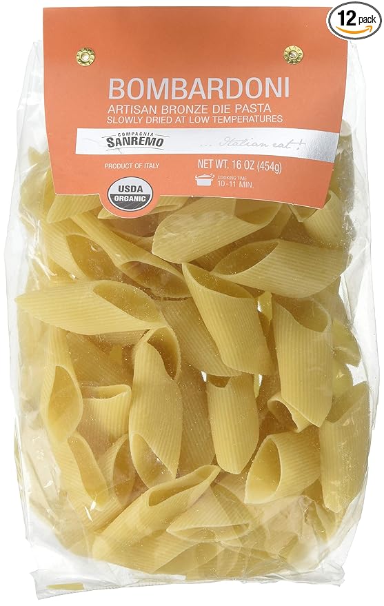 Compagnia Sanremo Pasta Italian Organic Bombardoni Pasta - 100% Durum Semolina Organic Bombardoni - 16 Oz (Pack Of 12) - Product Of Italy