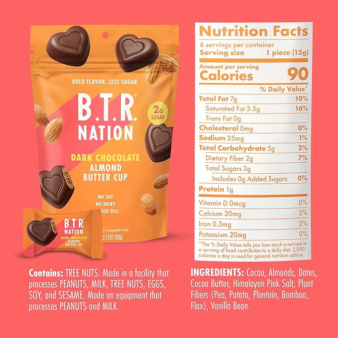 B.T.R. Nation - Dark Chocolate Almond Butter Cups - Superfood Candy Date Sweetened 0g Refined Sugar Vegan Dairy Soy Free - 3 Pack