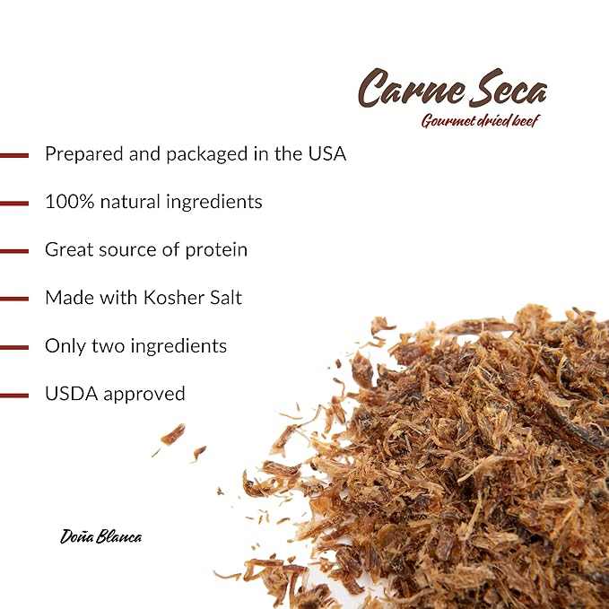 Carne Seca Doña Blanca 16 oz.- Carne Seca - Machacado - Machaca -Shredded Beef Jerky - Beef jerky chew - Kosher Sea Salt Low Sodium Gluten Free High Protein No Carbs Sugar free Keto