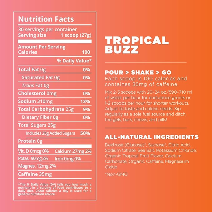 Tailwind Nutrition Endurance Fuel Carbohydrate &amp Electrolyte Sports Drink Mix Powder Gluten-Free Vegan Tropical Buzz 30 Servings (Caffeinated)