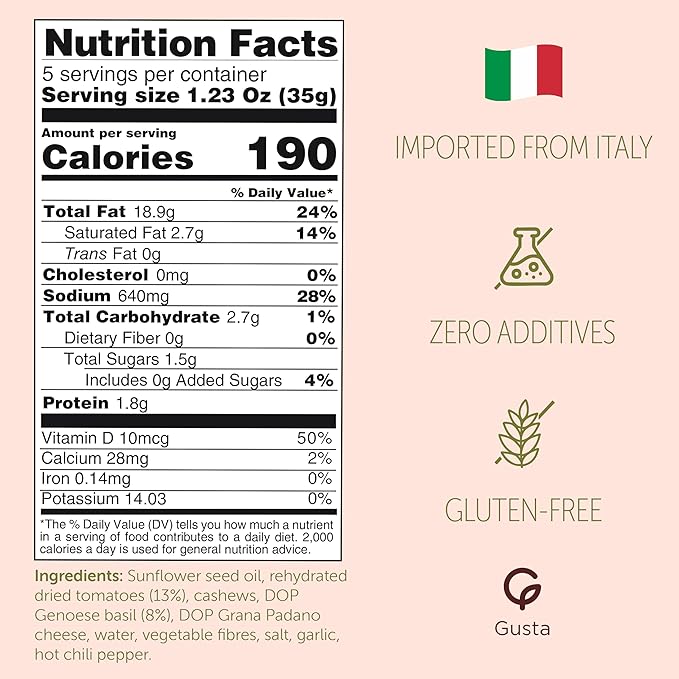 Authentic Italian Imported Sun-Dried Tomato Red Pesto Sauce - All-Natural Creamy Gourmet Spread - Made with Basil Extra Virgin Olive Oil &amp Herbs - 180g Jar