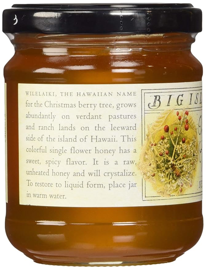 Organic Wilelaiki (Hawaiian Christmas Berry) Raw Honey Single Floral Variety by Big Island Bees (9 oz Glass Jar)