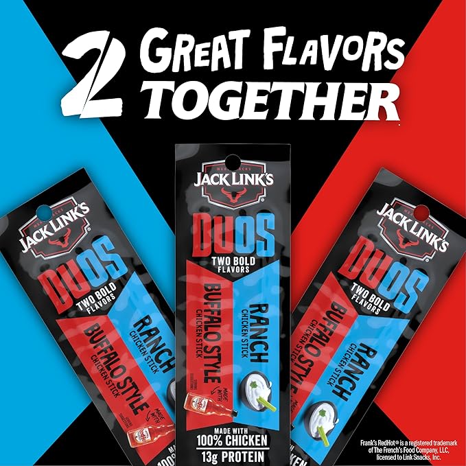 Jack Link's DUOs Chicken Jerky Meat Snack Sticks with 13g Protein - Frank's RedHot Buffalo Style With Creamy Ranch Made with 100% Chicken Two Flavors in One Package 1.84oz (10 Pack of 2 Sticks)