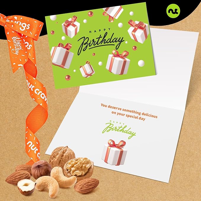 NUT CRAVINGS - Happy Birthday Treats Mixed Nuts Gift Basket with Bday Ribbon (7 Assortments) Food Platter Healthy Snack Care Package Food Assortments