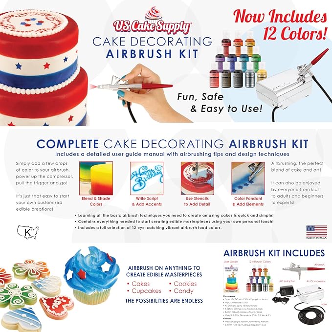U.S. Cake Supply Complete Cake Airbrush Decorating Kit with 12 Vibrant Food Colors - Air Brush for Cake Decoration Cupcakes Cookies &amp Desserts