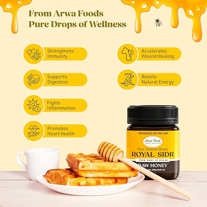 Arwa Foods Yemeni Sidr Honey (Jujube) from Wadi of Doan Yemen – Pure Premium Malaki Raw &amp Unprocessed Honey - Healthy &amp Rich in Nutrients – 8.82 oz / 250g Package