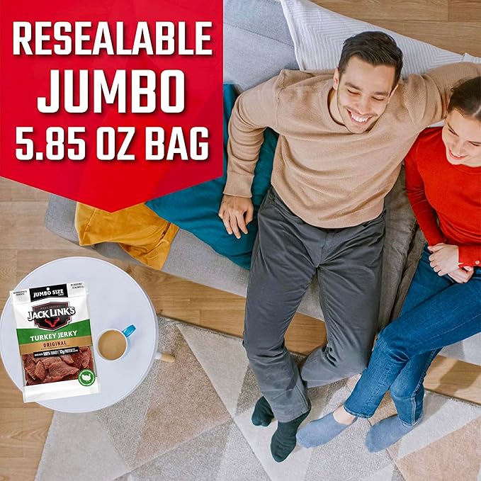 Jack Link's Turkey Jerky Original 5.85 oz. Sharing Size Bag – Flavorful Meat Snack with 12g of Protein 80 Calories Made with 100% Turkey - 96% Fat Free No Added MSG or Nitrates/Nitrites