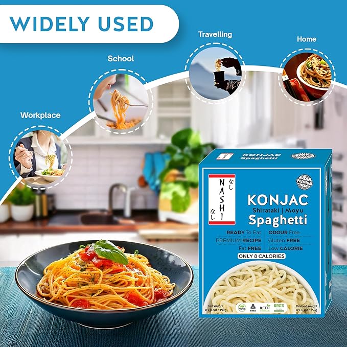 Nashi Shirataki Konjac Spaghetti (8x190g) – Glucomannan Premium Recipe Keto-Friendly | Low-Calorie Zero-Carb Vegan &amp Gluten-Free Odour-Free High Fiber | Ready-to-Eat Food