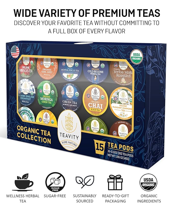 Organic Tea Pods Variety Pack - Assorted Sampler Pack Compatible for Keurig Brewer and Coffee Maker - Earl Grey English Breakfast Chai Chamomile - Herbal Tea Pod for K Cup Keurig Brewing -15 count
