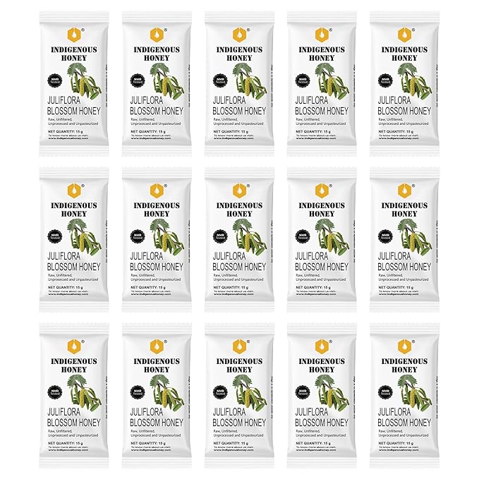INDIGENOUS HONEY NMR Tested Juliflora Honey Raw Organic Natural Pure Unprocessed Added Sugar Free Unpasteurized Unheated 15 Gift Sachets 15g Each Total 225g