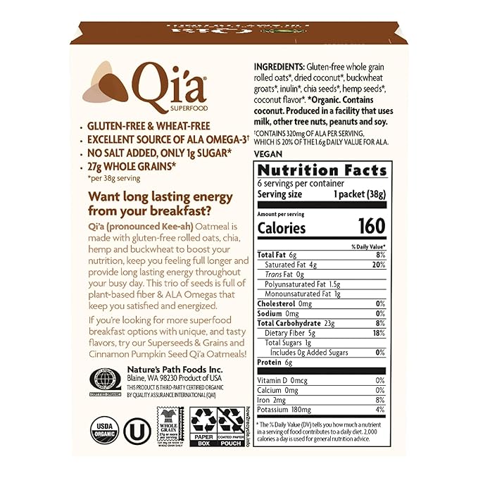 Nature's Path Organic Qi'a Creamy Coconut Instant Oatmeal 8 oz (Pack of 6) Superfood Blend with Chia &amp Hemp Gluten Free Non-GMO